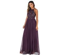 Maya Deluxe Maya Berry Embellished Halter Neck Maxi Dress Robe de Demoiselle d'honneur, baie, 50
