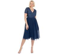 Maya Deluxe Maya Deluxe Embellished Midi Evening Dress for Women Ladies V Neckline with Short Sleeve for Prom Wedding, Robe de Demoiselle d'honneur Femme, French Navy,