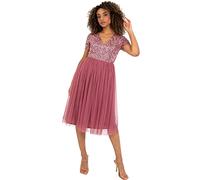 Maya Deluxe Embellished Midi Evening Dress Women Ladies V Neckline with Short Sleeve for Prom Wedding Robe de Demoiselle d'honneur, Desert Rose, 26 Femme