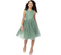 Maya Deluxe Midi Dress for Girls Sequins Embellished Party Tutu Bridesmaids Wedding with Belt Bow, Robe Fille, Deep Mint,