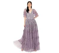 Maya Deluxe Robe Maxi pour Femme - Col en V - Détail plissé - pour Mariage, invitée, Bal de Promo, Bal de Promo, Moody Lilac, 34, Moody Lilas, 34