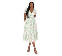 Maya Deluxe Robe midi pour Femme avec col en V et Manches Courtes Bouffantes imprimées Florales en Dentelle trapèze pour invitées de Mariage, Bal de Fin d'année, Vert Sauge, 40