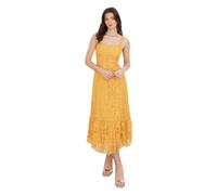 Maya Deluxe Women's Floral Lace Midi Dress with Frill Hem, Yellow