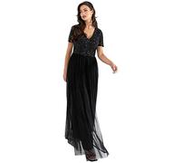 Maya Deluxe Womens Ladies Dress for Wedding Guest Plus Size Empire High Waist Sequins Short Sleeve Evening Bridesmaid Robe de Demoiselle d'honneur, Noir, 40 Femme