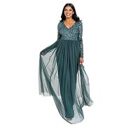 Maya Deluxe Womens Ladies Dress Sleeve for Wedding Guest V Neck High Empire Waist Maxi Long Length Evening Bridesmaid Prom Robe, Emerald Green, 14 Femme