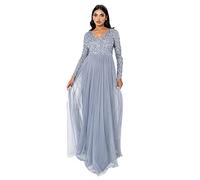 Maya Deluxe Womens Ladies Dress Sleeve for Wedding Guest V Neck High Empire Waist Maxi Long Length Evening Bridesmaid Prom Robe, Dusty Blue, 20 Femme