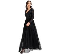 Maya Deluxe Womens Ladies Dress Sleeve for Wedding Guest V Neck High Empire Waist Maxi Long Length Evening Bridesmaid Prom Robes, Black, 48 aux Femmes