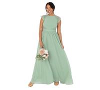 Maya Deluxe Women's Ladies Maxi Dress Crew Neckline Short Flutter Sleeve Lace Trim A-Line for Wedding Guest Evening Prom Ball Gown Robe, Deep Sage, 34 Femme