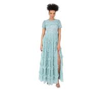 Maya Deluxe Women's Ladies Maxi Dress Round Neck Short Puff Sleeve Sequin Embellished Ruffle A-Line Bridesmaid Prom Ball Gown Robe, Turquoise, 44 Femme