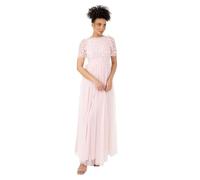 Maya Deluxe Women's Ladies Maxi Dress Round Neck Short Sleeve 3D Floral Embellished Tulle Ruffle A-Line Bridesmaid Wedding Guest Robe, Crystal Pink, 44 Femme