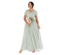 Maya Deluxe Women's Ladies Maxi Dress Sequin Embellished Floral V-Neck Short Sleeve Tulle Skirt A-Line for Wedding Guest Ball Gown, Robe Femme, Green Lily,