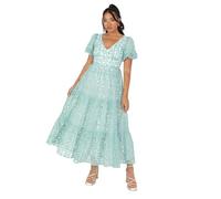 Maya Deluxe Women's Ladies Midi Dress V-Neck Short Puff Sleeves Keyhole Back Floral Embroidery Tie Bow A-Line for Wedding Guest Prom, Vert Menthe, 44