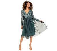 Maya Deluxe Womens Ladies Wedding Guest Midi Dress Long Sleeve Plunging Neckline V Neck Sequin Embellished Graduation Robe de Demoiselle d'honneur, Emerald Green, 6 Femme