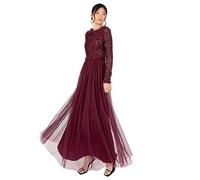Maya Deluxe Women's Maxi Dress Ladies Crew Neck Long Sleeve Sequin Embellished Tulle Ruffle for Wedding Guest Bridesmaid Ball Gown Robes, Baie Rouge, 44