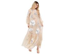 Maya Deluxe Women's Maxi Dress Ladies Long Sleeve Boat Neck Sheer Tulle Floral Sequin Embellished Trapeze Evening Prom Ball Gown, Champagne 42