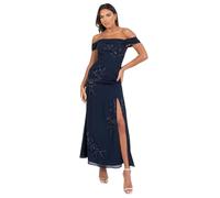 Maya Deluxe Women's Maxi Dress Ladies Off Shoulder Bardot Sleeveless A-Line Split Slit Embroidered Bead Embellished Evening Prom, Navy Blue, 52