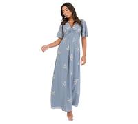 Maya Deluxe Women's Maxi Dress Ladies V-Neck Angel Sleeve Floral Bead Embellished Knot Front A-Line Bridesmaid Wedding Guest Prom, Bleu Cendré 44