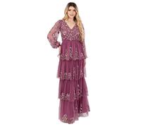 Maya Deluxe Women's Maxi Dress Ladies V-Neck Long Blouson Sleeve Floral Sequin Embellished A-Line Tiered Skirt Tulle Keyhole Back, Rose 36