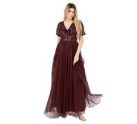 Maya Deluxe Women's Maxi Dress Ladies V-Neck Short Puff Sleeve Sequin Embellished Twist Front Tulle A-Line Bridesmaid Prom Ball Gown, Cranberry 34