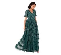 Maya Deluxe Women's Maxi Dress Ladies V-Neck Short Sleeve Sequin Embellished Ruffle Tulle A-Line Bridesmaid Evening Prom Ball Gown, Vert émeraude 40