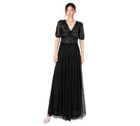 Maya Deluxe Women's Maxi Dress Ladies V-Neck Short Sleeve Sequin Embellished Tulle Ruffle for Wedding Guest Bridesmaid Ball Gown Robes, Noir, 42