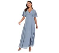 Maya Deluxe Women's Maxi Dress Ladies V-Neck Wide Sleeve Floral Embroidered Wrap Bodice Tie Belt Split Wedding Guest Prom Ball Gown, Dusty Blue, 46