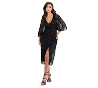 Maya Deluxe Womens Midi Ladies Sequin Embellished Cape Sleeve Wrap Dress for Wedding Guest Bridesmaid Cocktail Prom Evening Robe, Black, 40 Femme