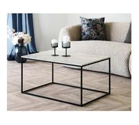 Maya - table basse plateau effet travertin en FSC 100% - pieds en métal - 90 cm - Beige / Noir
