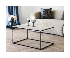 Maya - table basse plateau effet travertin en FSC 100% - pieds en métal - 90 cm - Beige / Noir