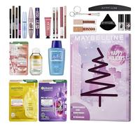 Maybelline Calendrier de l'Avent New York, avec 24 petites portes passionnantes pour les amateurs de beauté, 21 produits originaux et 3 goodies, y compris le mascara Sky High et 4 points forts Garnier