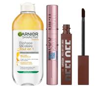 Maybelline & Garnier - Solution Micellaire, Mascara & Peel Off Liner | Eau Micellaire Garnier Bi-Phase, Mascara Sky High Waterproof, Peel Off Liner Maybelline, encre à lèvres 24h, Coffret
