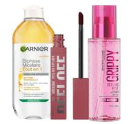 Maybelline & Garnier - Solution Micellaire, Spray Fixateur & Peel Off Liner | Eau Micellaire Bi-Phase Garnier, Élimine maquillage waterproof, Peel Off Liner, Spray Fixateur Grippy Maybelline, tenue 24h