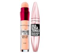 Maybelline New York The Cello Aging Liquid Concealer Applicateur Multi-usages avec Éponge Couleur 01 Light + Cils sensationnels Mascara Volume Couleur Intense Noir Effet éventail Sans Grumeaux