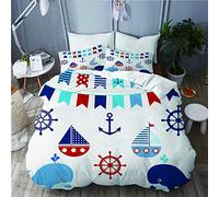 MAYBELOST Parure de lit,Nautique Bleu Marine et Rouge Collection de Baleines Bateaux bruants Roues d'ancrage,1 Housse de Couette 140x200 + 2 Taies d'Oreillers