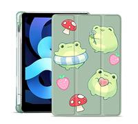 MAYCARI Coque pour iPad 10,2" 2021 avec porte-crayon, grenouille, champignon, fraise, iPad 9ème génération, coque de protection arrière en TPU souple, mise en veille/réveil automatique pour filles et femmes