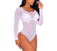 MAYFASEY Body sexy pour femmes à manches longues en maille transparente combinaison body top justaucorps, 1-blanc, L