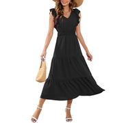 MAYFASEY Robe longue d'été décontractée, manches volantées, taille élastique, robe midi à volants, couleur unie, col en V, ligne A, plage, vacances, robes longues fluides, Noir , XL