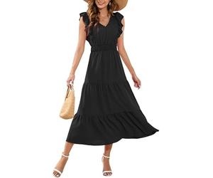 MAYFASEY Robe longue d'été décontractée, manches volantées, taille élastique, robe midi à volants, couleur unie, col en V, ligne A, plage, vacances, robes longues fluides, Noir , XL