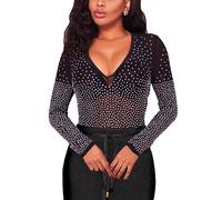 MAYFASEY Tunique à manches longues pour femme - Col en V - Strass - Maille transparente - Noir - Taille L