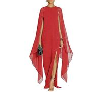 MAYFASEY Women's Elegant High Split Crepe Flared Sleeve Formal Evening Long Maxi Dresses Red S