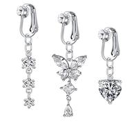 Mayhoop 3Pcs Faux Piercing Nombril Clip on Piercing Nombril Acier Chirurgical avec Papillon Coeur Cercle CZ Dangle aux Anneaux Nombril Non Percé Piercing Bijoux