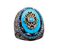 MAYIYAHO Anneaux Turquoise Vintage de Luxe Pierre Bleue Naturelle Turque Bague de Couronne Faite à la Main pour Hommes Femmes Religieux Islamique Bijoux musulmans