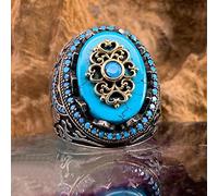 MAYIYAHO Anneaux Turquoise Vintage de Luxe Pierre Bleue Naturelle Turque Bague de Couronne Faite à la Main pour Hommes Femmes Religieux Islamique Bijoux musulmans