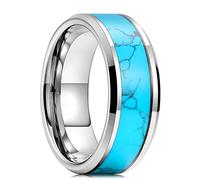 MAYIYAHO Mode Hommes Argent Couleur Tungstène Bague de Mariage Bleu Pierre Turquoise Incrustée Anneau Plat Poli pour Hommes Bijoux Bande de Mariage