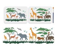 MAYJOYDIY 2 pochoir D'Animaux de la Jungle 29.7 × 21cm Grands Pochoirs de Dessin D'Animaux Sauvages avec Pinceau Éléphant de Prairie Girafe Lion Ours Cerf Modèle pour Toile Mur Bois