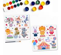MAYJOYDIY 2 Pochoir de Cirque Animal 30 × 30cm Pochoirs de Carnaval pour Peinture Modèles de Dessin de Cirque de Clown avec Pinceau pour Cadeau Sur Fenêtre Mur en Bois Maison Décoration