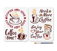 MAYJOYDIY 2 Pochoir de Peinture au Café Pochoir pour Thé de L'Après Midi 29.7×21cm avec Pinceau Modèle de Texte Heure du Café pour Mur en Bois Fenêtre Bricolage Décoration D'Intérieur