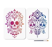 MAYJOYDIY 2 pochoir Réutilisable en Forme de Tête de Mort Mexicaine Motif Floral 21 x 29.7cm pour Peinture Squelette Effrayant avec Pinceau pour Décoration Murale Sol Bois Papier