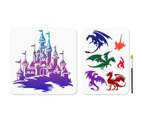 MAYJOYDIY 2 Pochoirs de Château Dragon Animal 30 × 30cm /29.7 × 21cm avec Pinceau Pochoir pour Peinture de Flamme de Dragon Volant pour Construction de Château pour Fenêtre en Bois Bricolage