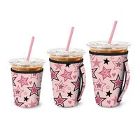 MAYJOYDIY 3 Tailles Étoiles Manchon à Café Glacé Réutilisable Étoile à Cinq Branches Manchon de Gobelet en Néoprène Isolé Rose Café avec Poignée pour Boissons Chaudes et Froides 16-32oz